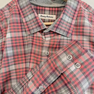 Tommy Bahama Mens Sz XXL Dress Shirt Gray Coral Plaid Casual Business Classic
